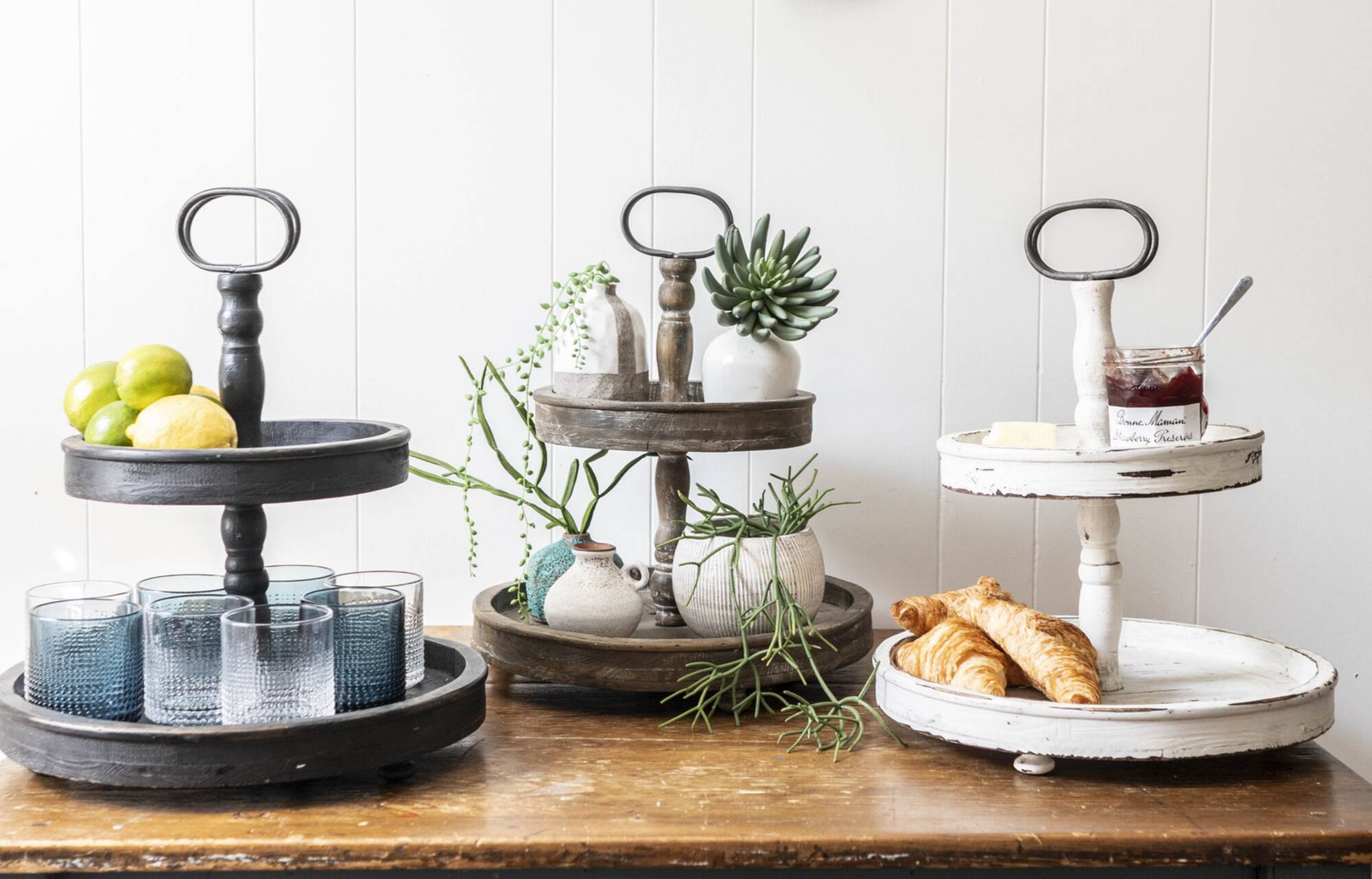 Hello Honey® 18.5" Distressed Brown Wooden 2-Tier Tray with Metal Handle